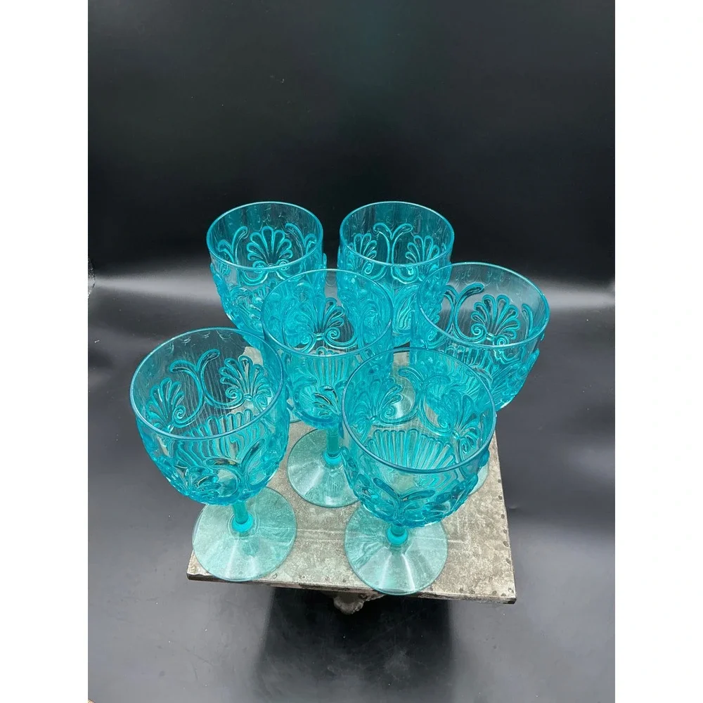 Set of 6 Turquoise Blue Acrylic Wine Goblets Embossed Scroll Pattern 7 inch